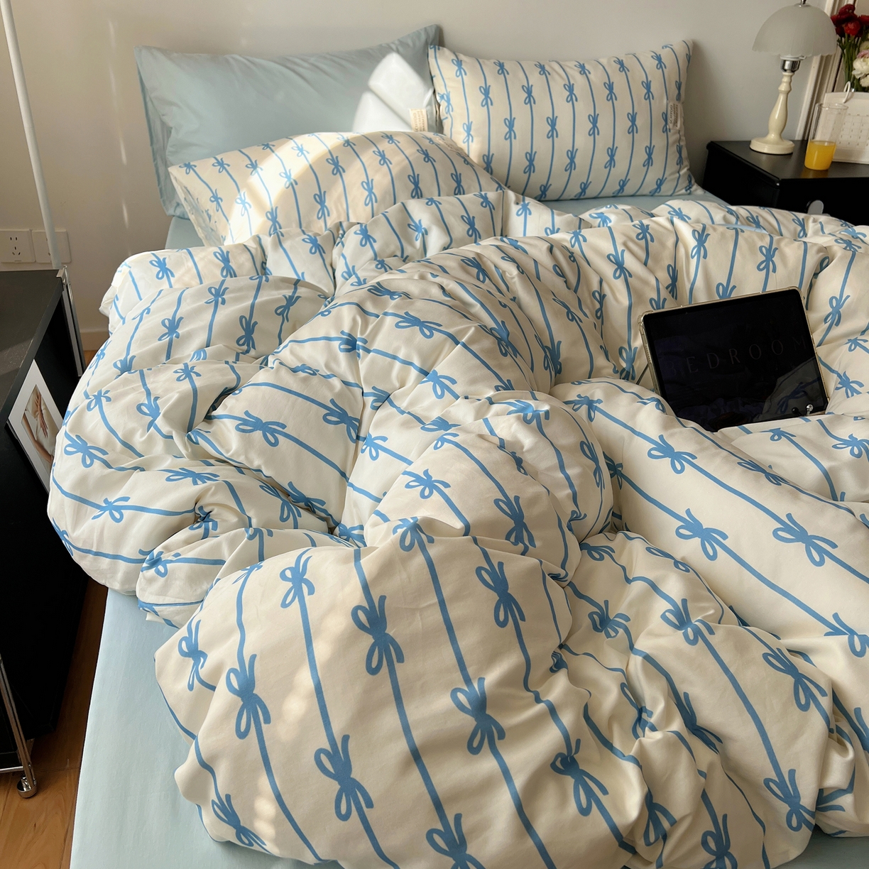 91家纺网 家纺一手货源 找家纺 （总）六巷胡同 2026春夏新款INS博主风韩系蝴蝶结全棉四件套（自然光组）