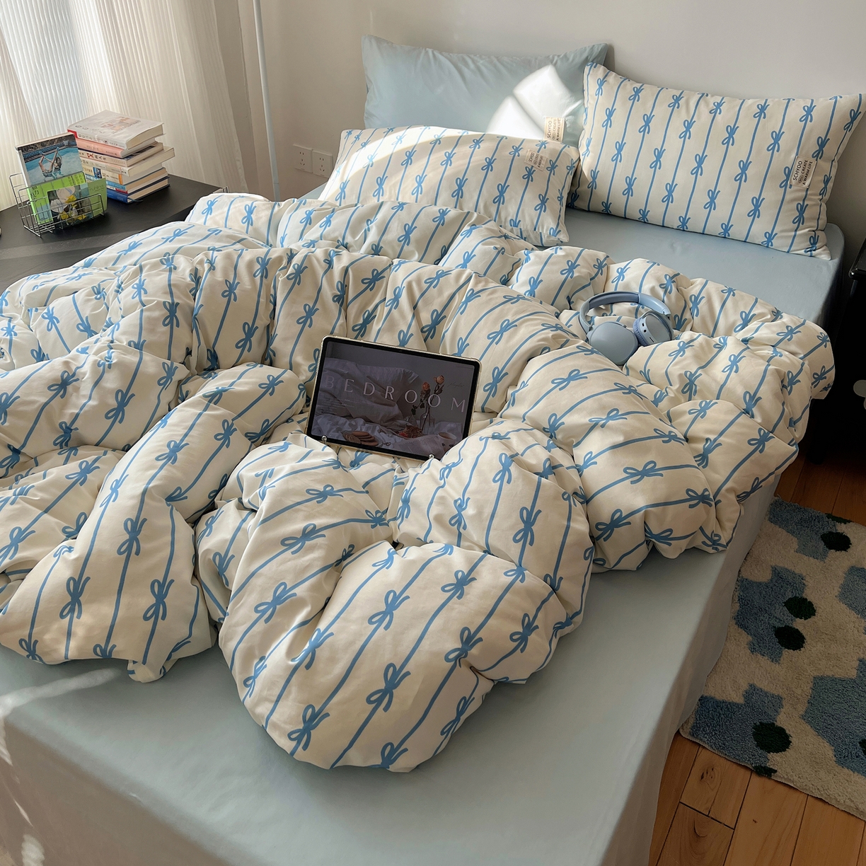 91家纺网 家纺一手货源 找家纺 （总）六巷胡同 2026春夏新款INS博主风韩系蝴蝶结全棉四件套（自然光组）