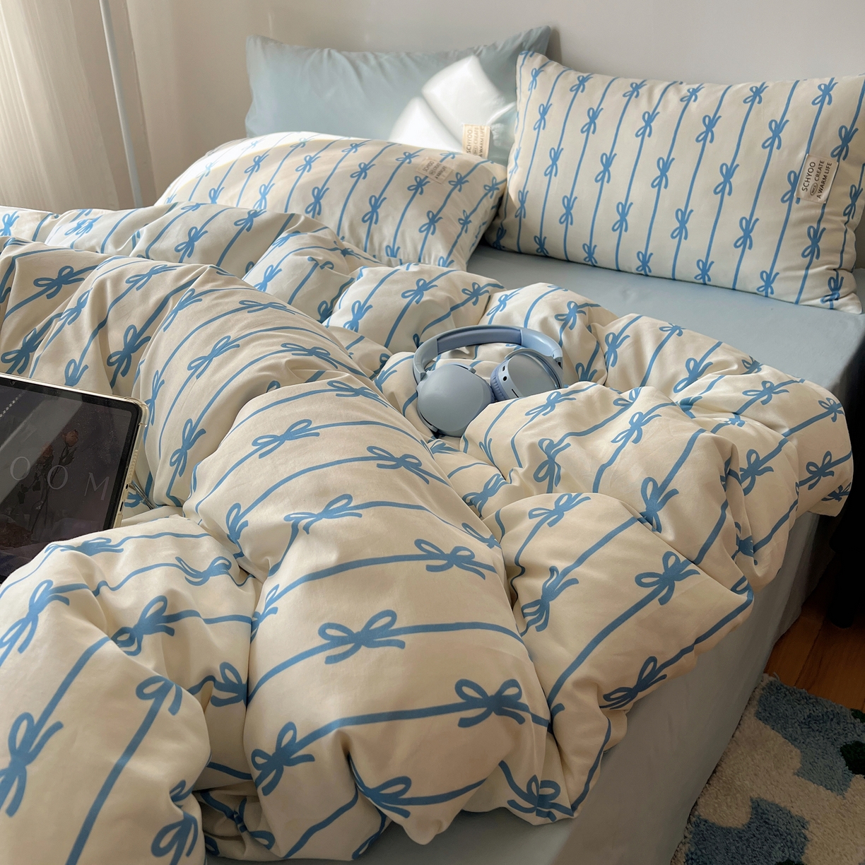 91家纺网 家纺一手货源 找家纺 （总）六巷胡同 2026春夏新款INS博主风韩系蝴蝶结全棉四件套（自然光组）