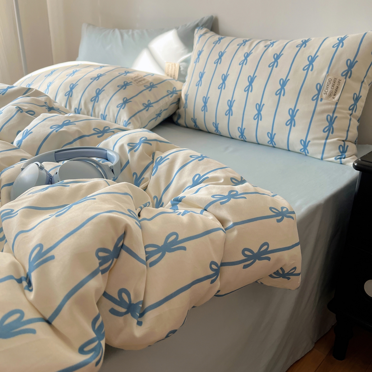 91家纺网 家纺一手货源 找家纺 （总）六巷胡同 2026春夏新款INS博主风韩系蝴蝶结全棉四件套（自然光组）