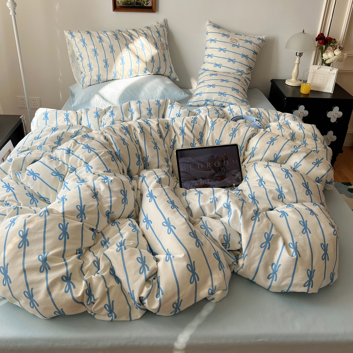 91家纺网 家纺一手货源 找家纺 （总）六巷胡同 2026春夏新款INS博主风韩系蝴蝶结全棉四件套（自然光组）