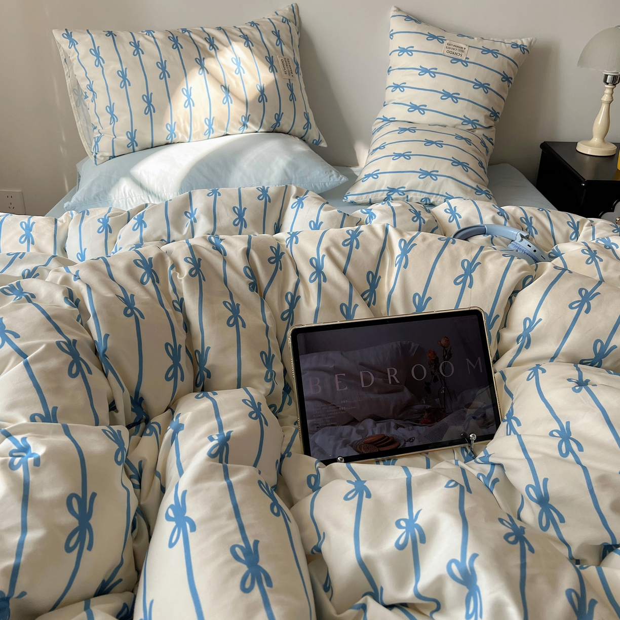 91家纺网 家纺一手货源 找家纺 （总）六巷胡同 2026春夏新款INS博主风韩系蝴蝶结全棉四件套（自然光组）