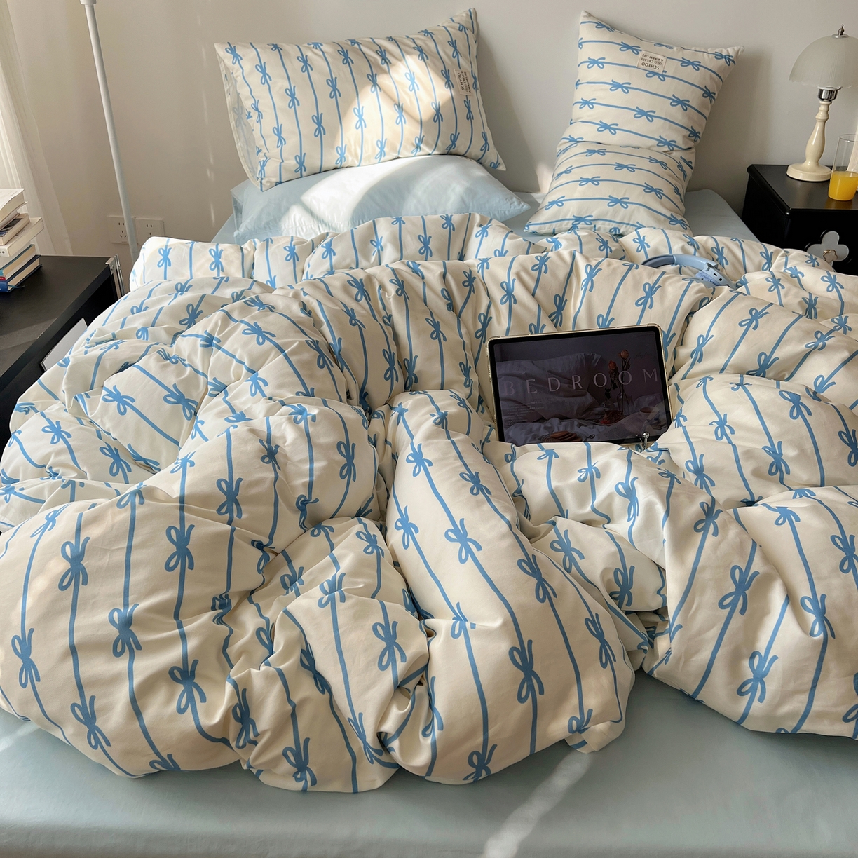 91家纺网 家纺一手货源 找家纺 （总）六巷胡同 2026春夏新款INS博主风韩系蝴蝶结全棉四件套（自然光组）