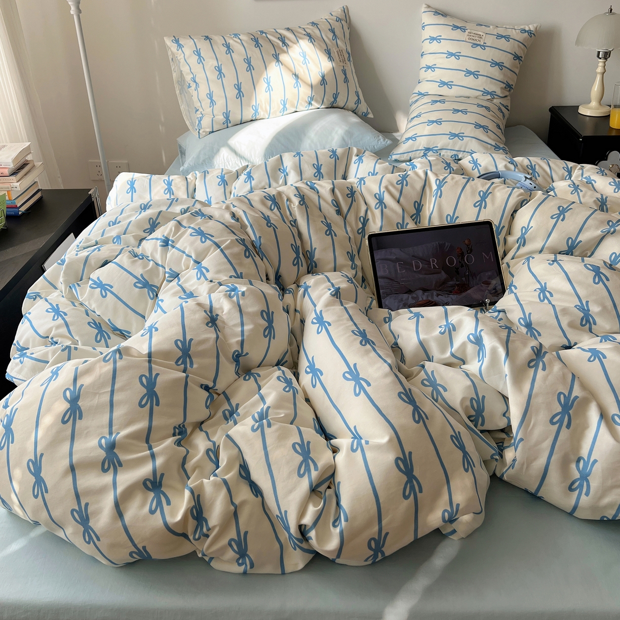 91家纺网 家纺一手货源 找家纺 （总）六巷胡同 2026春夏新款INS博主风韩系蝴蝶结全棉四件套（自然光组）