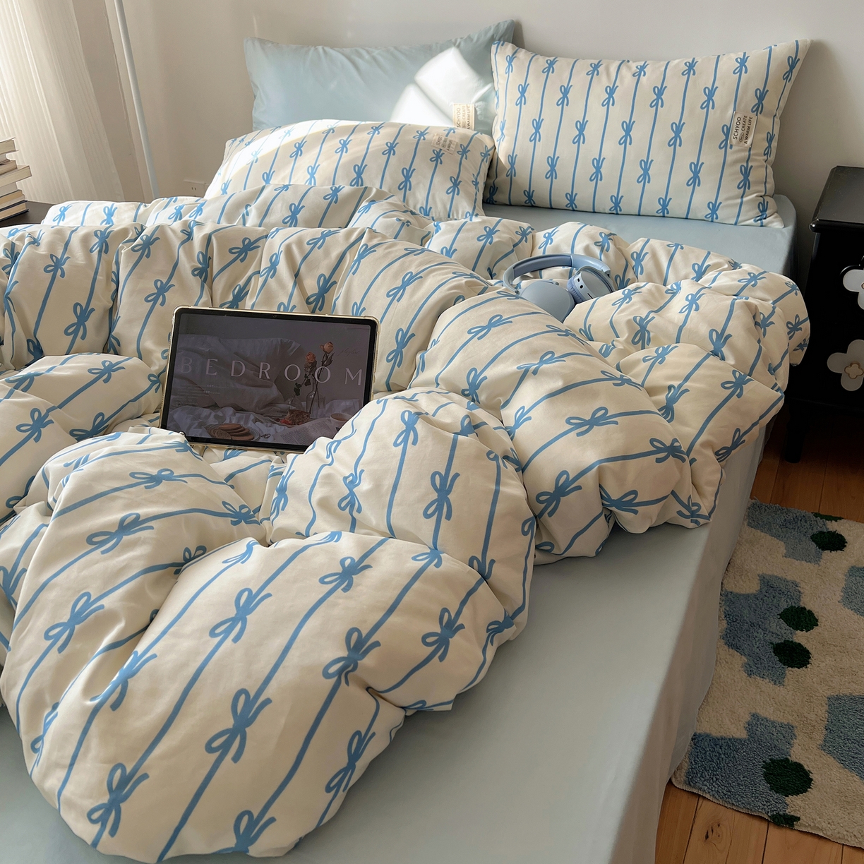 91家纺网 家纺一手货源 找家纺 （总）六巷胡同 2026春夏新款INS博主风韩系蝴蝶结全棉四件套（自然光组）