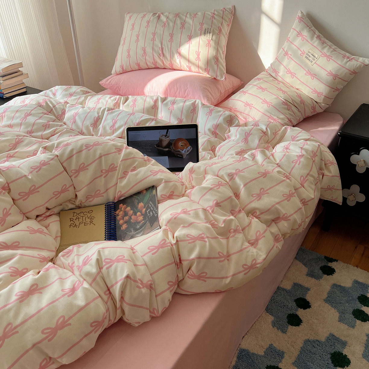 91家纺网 家纺一手货源 找家纺 （总）六巷胡同 2026春夏新款INS博主风韩系蝴蝶结全棉四件套（自然光组）