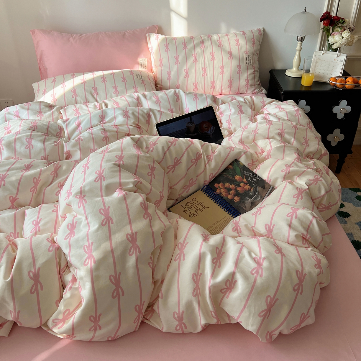 91家纺网 家纺一手货源 找家纺 六巷胡同 2026春夏新款INS博主风韩系蝴蝶结全棉四件套（自然光组） 丝带蝴蝶结-粉