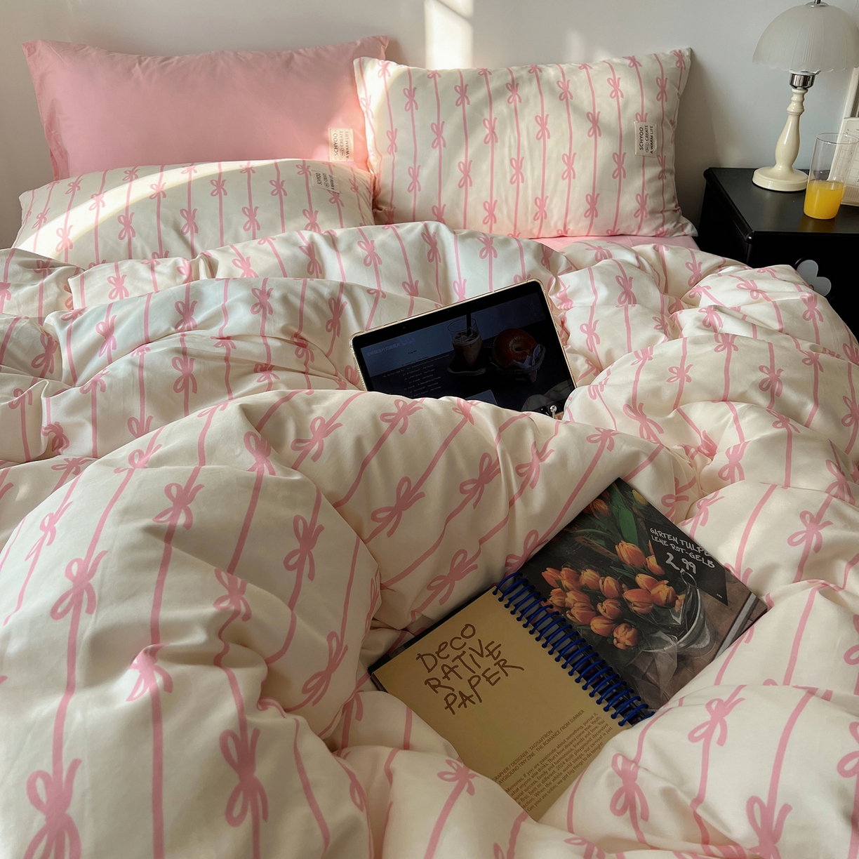 91家纺网 家纺一手货源 找家纺 六巷胡同 2026春夏新款INS博主风韩系蝴蝶结全棉四件套（自然光组） 丝带蝴蝶结-粉