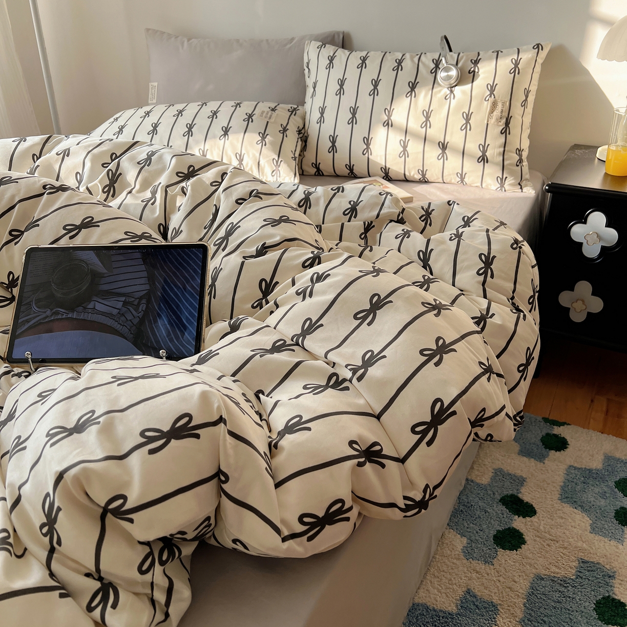 六巷胡同 2026春夏新款INS博主风韩系蝴蝶结全棉四件套（自然光组） 丝带蝴蝶结-黑