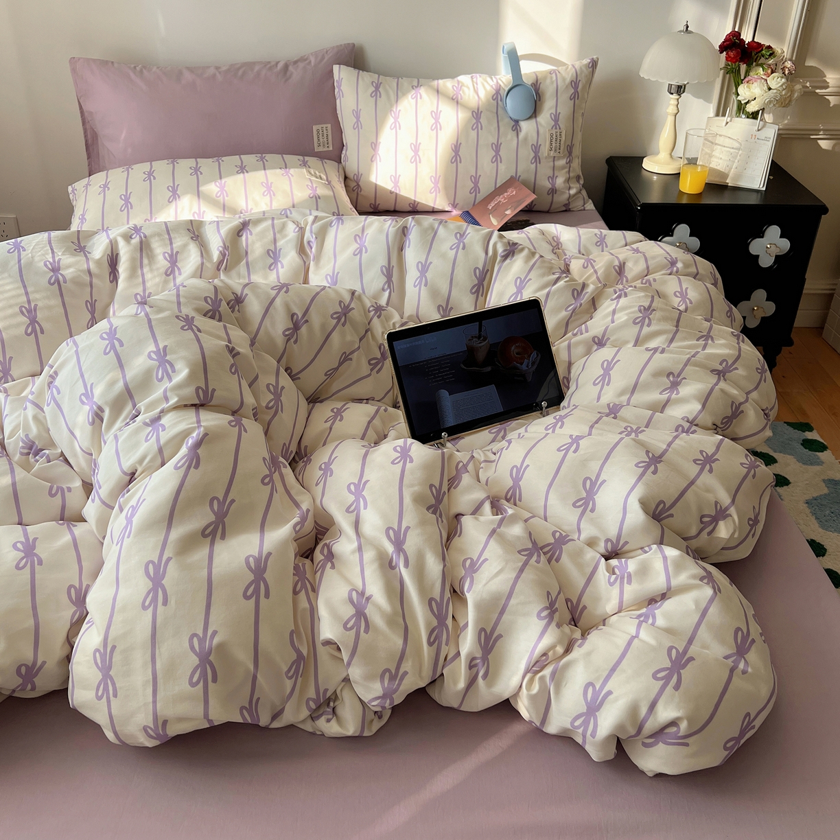 91家纺网 家纺一手货源 找家纺 六巷胡同 2026春夏新款INS博主风韩系蝴蝶结全棉四件套（自然光组） 丝带蝴蝶结-紫