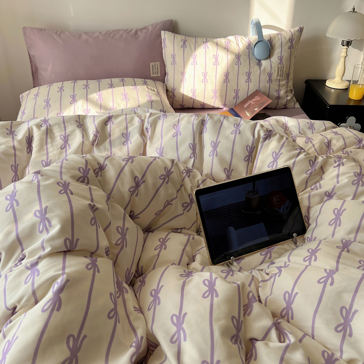 91家纺网 家纺一手货源 找家纺 六巷胡同 2026春夏新款INS博主风韩系蝴蝶结全棉四件套（自然光组） 丝带蝴蝶结-紫