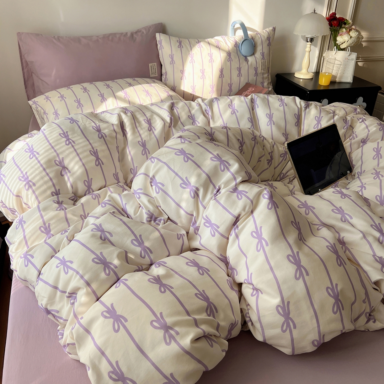 91家纺网 家纺一手货源 找家纺 六巷胡同 2026春夏新款INS博主风韩系蝴蝶结全棉四件套（自然光组） 丝带蝴蝶结-紫