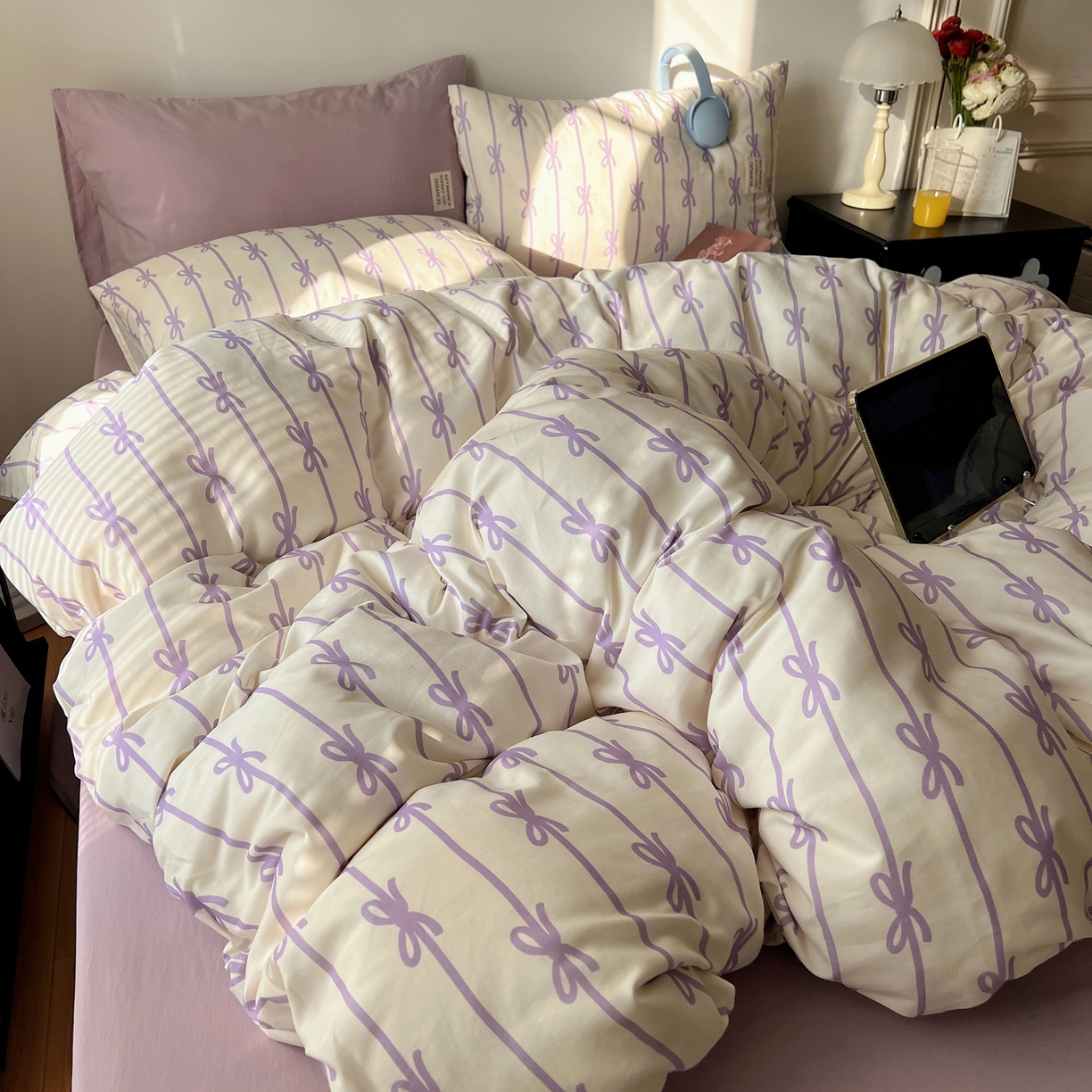 91家纺网 家纺一手货源 找家纺 六巷胡同 2026春夏新款INS博主风韩系蝴蝶结全棉四件套（自然光组） 丝带蝴蝶结-紫