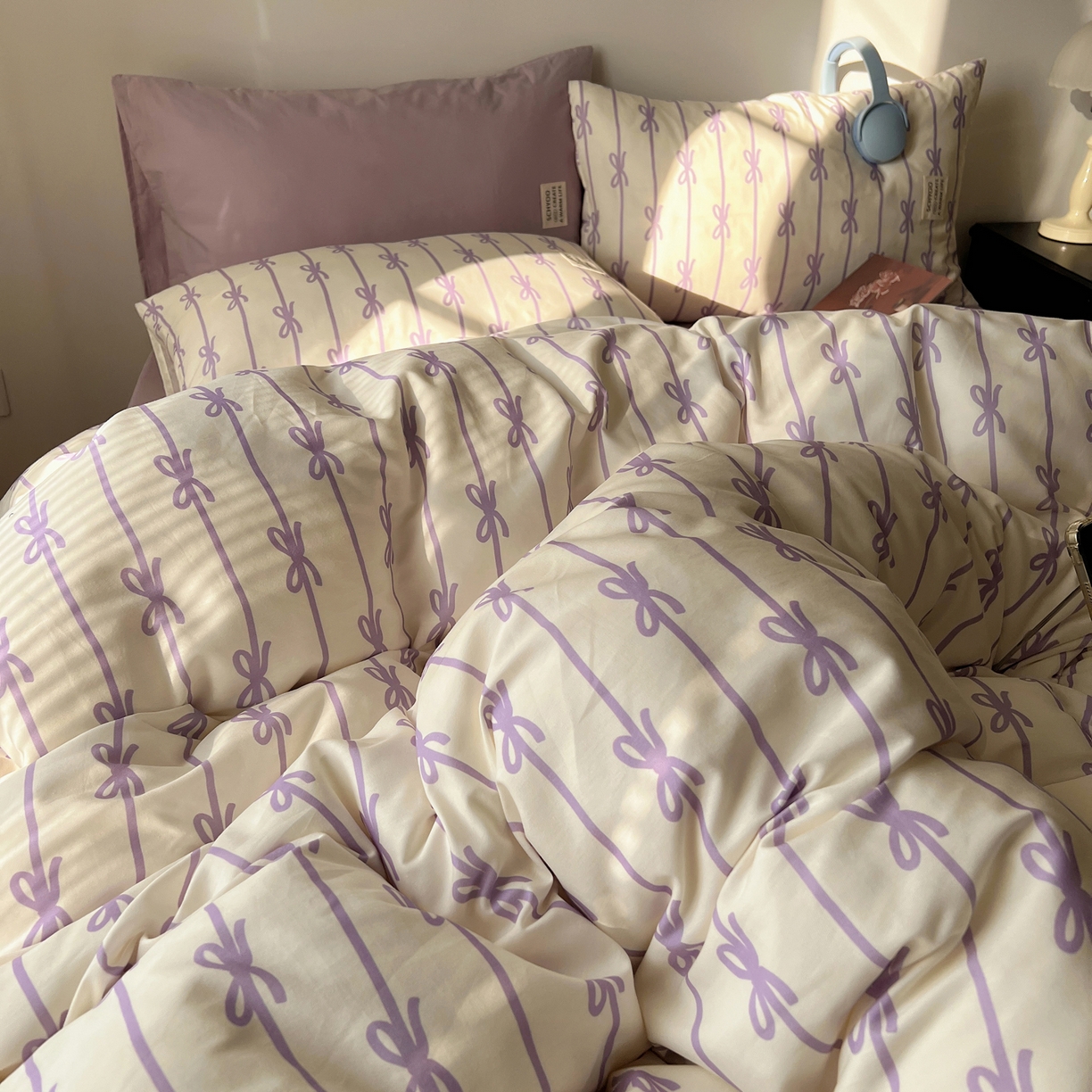 91家纺网 家纺一手货源 找家纺 六巷胡同 2026春夏新款INS博主风韩系蝴蝶结全棉四件套（自然光组） 丝带蝴蝶结-紫