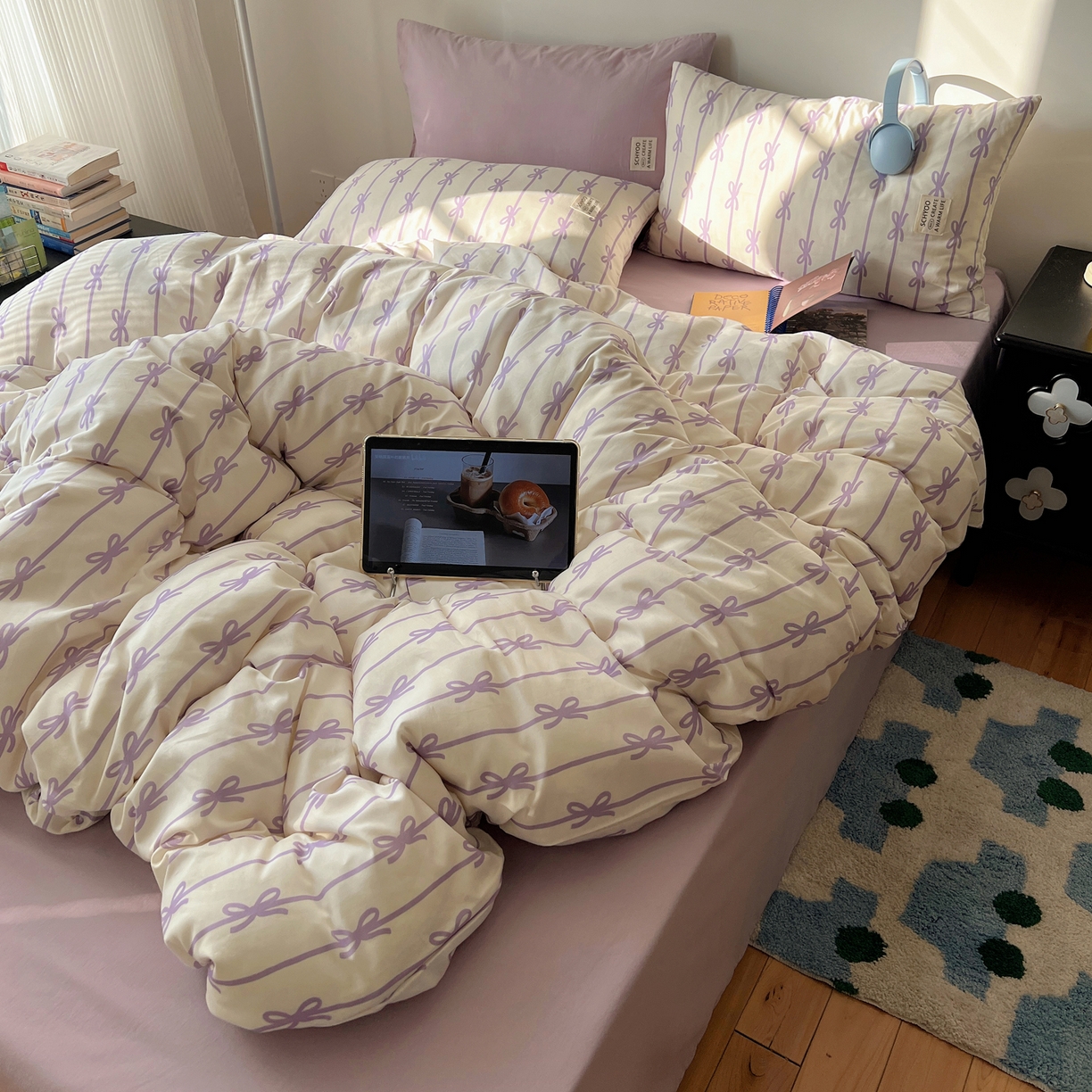 91家纺网 家纺一手货源 找家纺 六巷胡同 2026春夏新款INS博主风韩系蝴蝶结全棉四件套（自然光组） 丝带蝴蝶结-紫