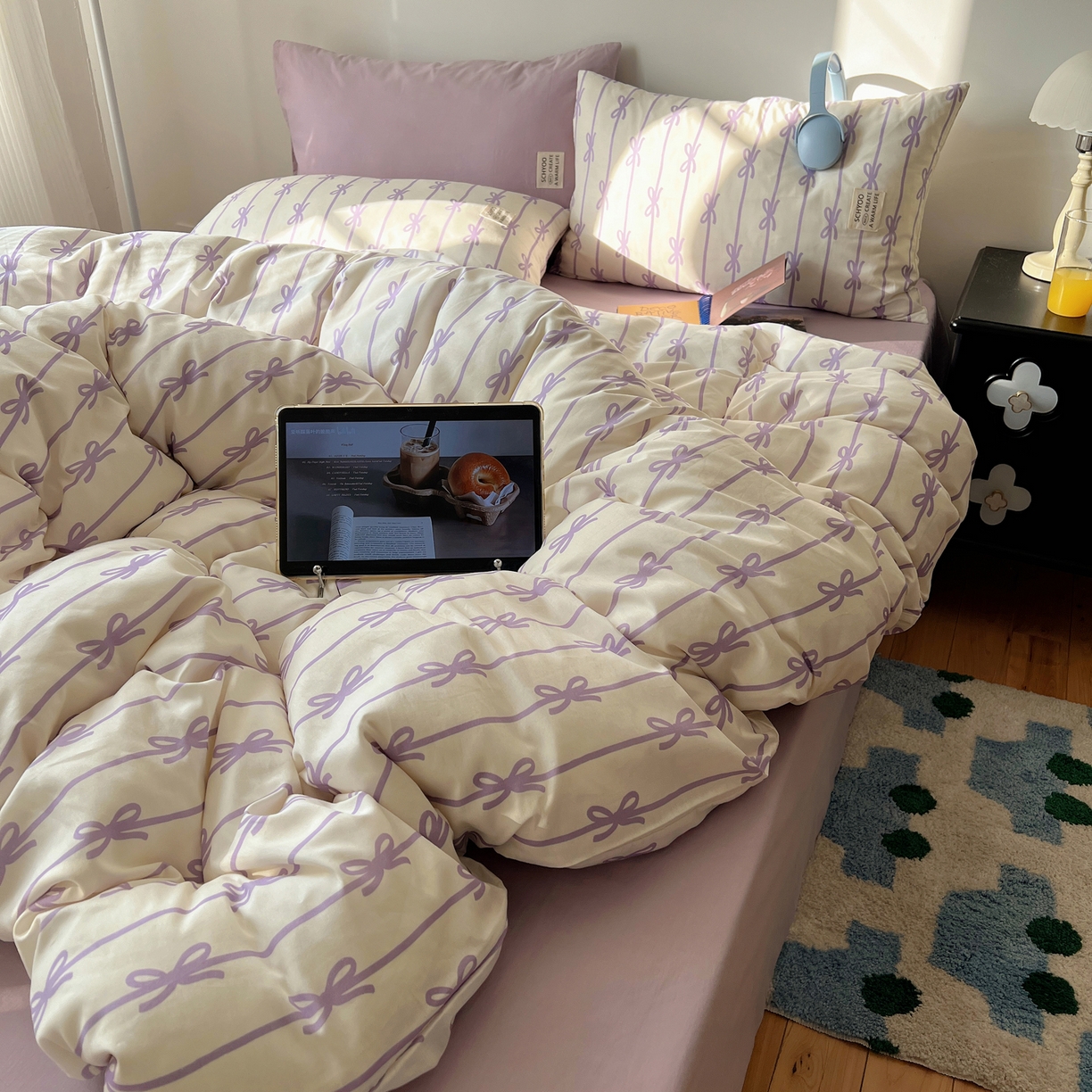 91家纺网 家纺一手货源 找家纺 六巷胡同 2026春夏新款INS博主风韩系蝴蝶结全棉四件套（自然光组） 丝带蝴蝶结-紫