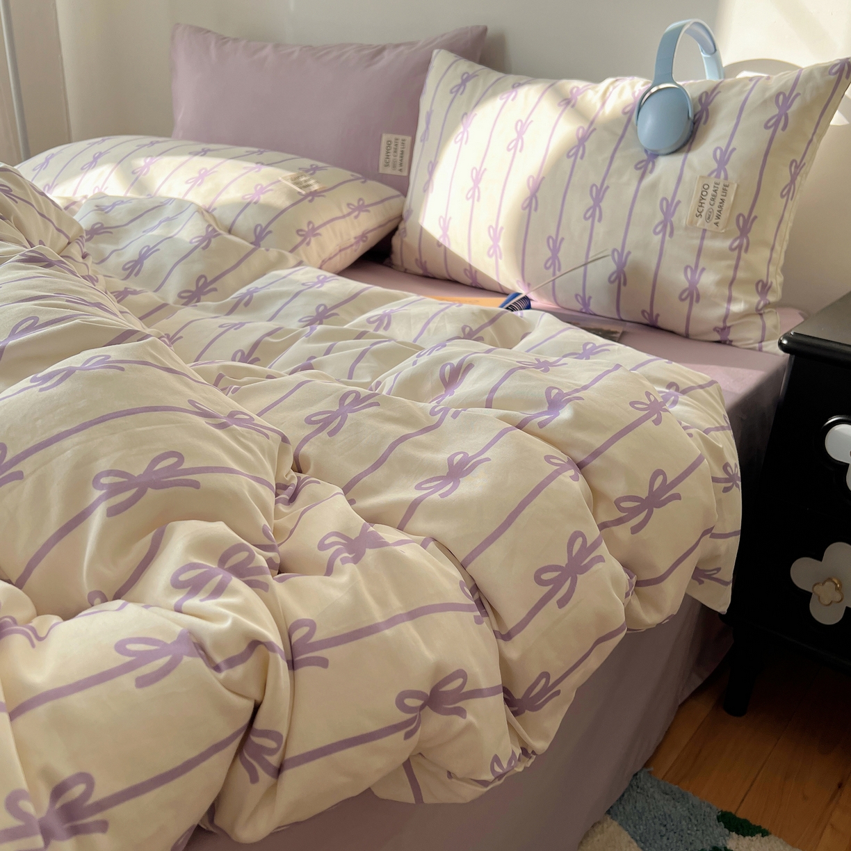 91家纺网 家纺一手货源 找家纺 六巷胡同 2026春夏新款INS博主风韩系蝴蝶结全棉四件套（自然光组） 丝带蝴蝶结-紫