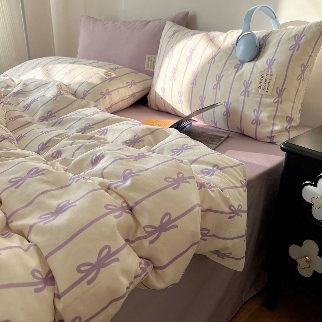 91家纺网 家纺一手货源 找家纺 六巷胡同 2026春夏新款INS博主风韩系蝴蝶结全棉四件套（自然光组） 丝带蝴蝶结-紫