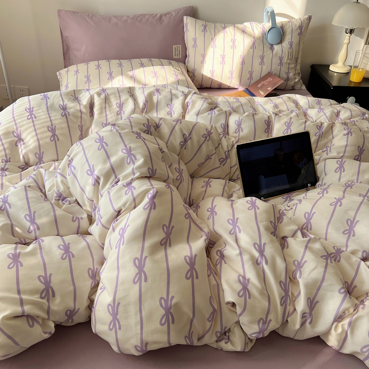 91家纺网 家纺一手货源 找家纺 六巷胡同 2026春夏新款INS博主风韩系蝴蝶结全棉四件套（自然光组） 丝带蝴蝶结-紫