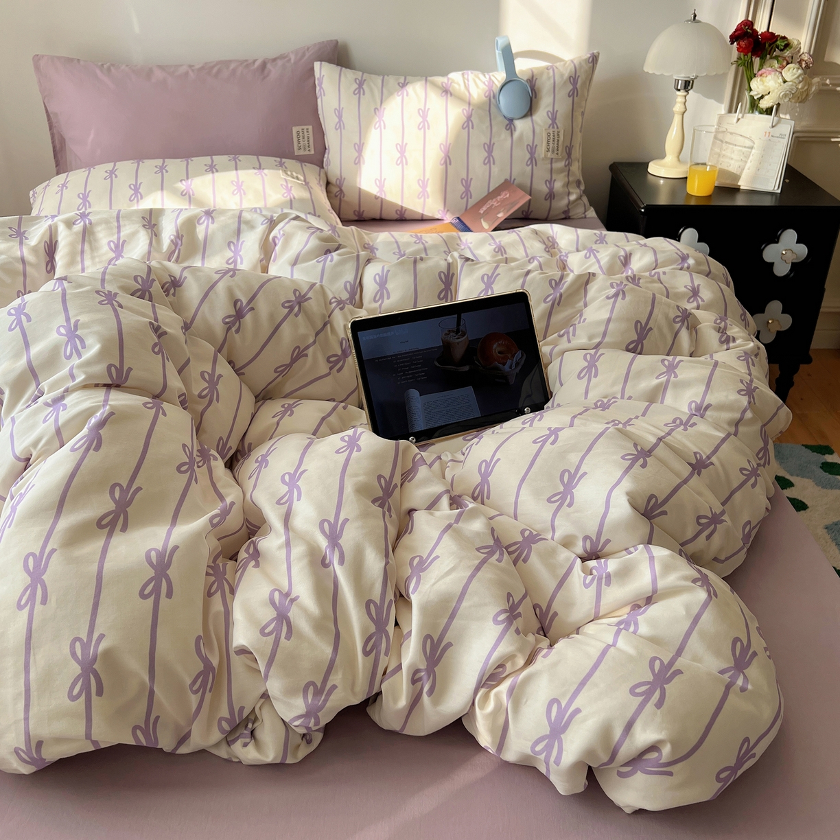 91家纺网 家纺一手货源 找家纺 六巷胡同 2026春夏新款INS博主风韩系蝴蝶结全棉四件套（自然光组） 丝带蝴蝶结-紫