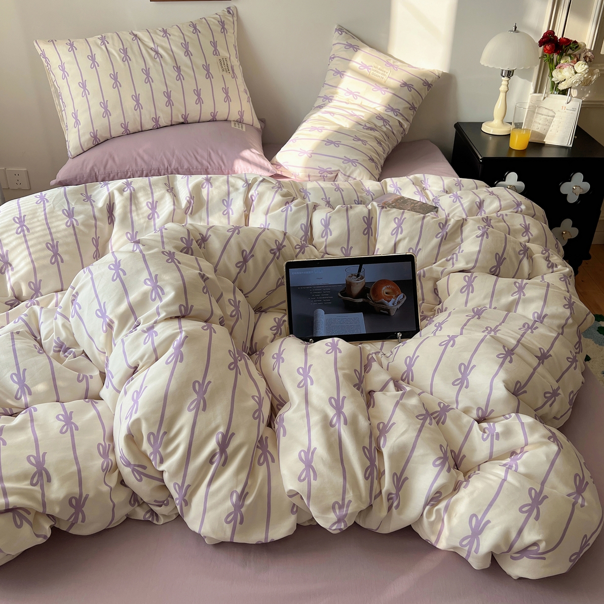 91家纺网 家纺一手货源 找家纺 六巷胡同 2026春夏新款INS博主风韩系蝴蝶结全棉四件套（自然光组） 丝带蝴蝶结-紫