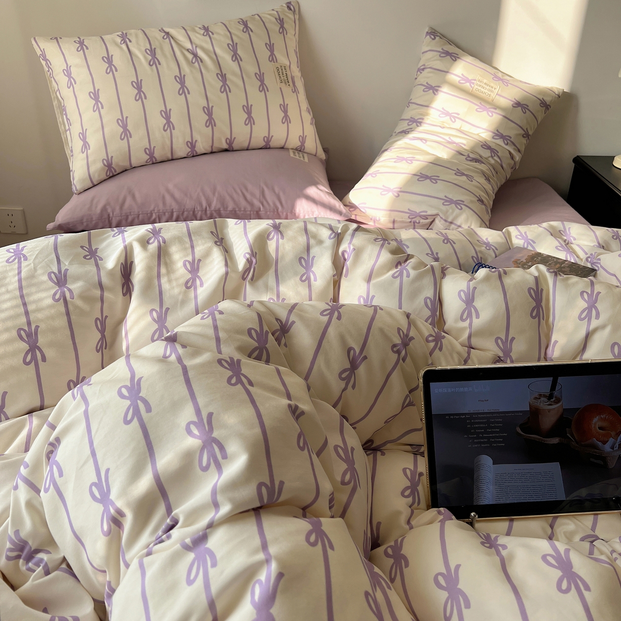 91家纺网 家纺一手货源 找家纺 六巷胡同 2026春夏新款INS博主风韩系蝴蝶结全棉四件套（自然光组） 丝带蝴蝶结-紫