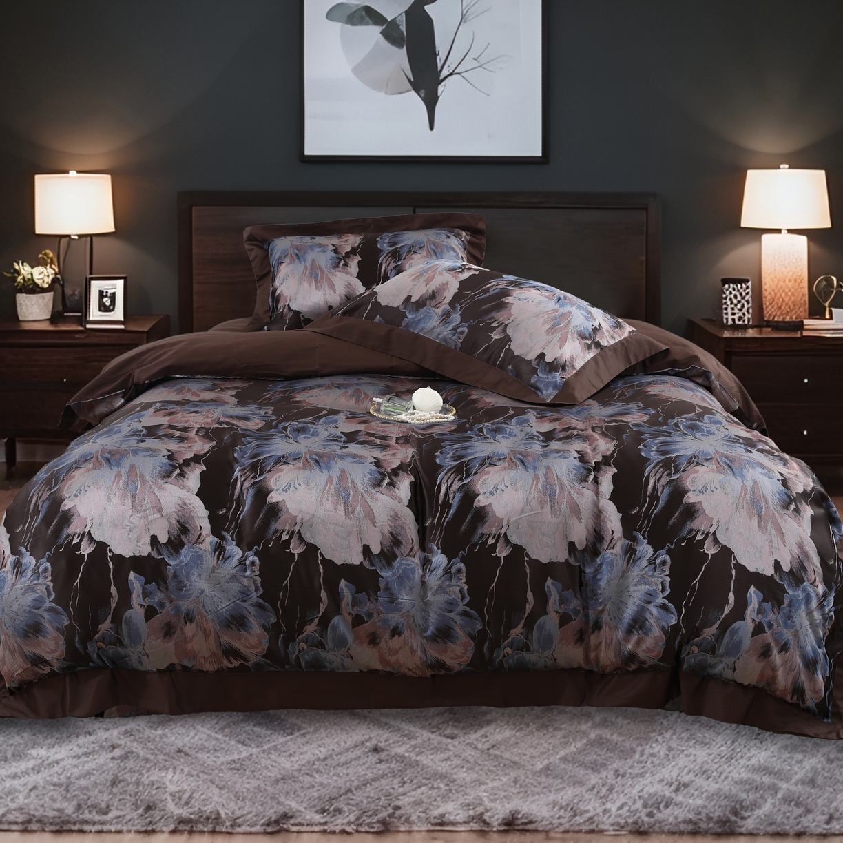 91家纺网 家纺一手货源 找家纺 源舜家纺 2025新款新疆长绒棉色织大提花高精密金丝面料四件套 璀璨黑蓝