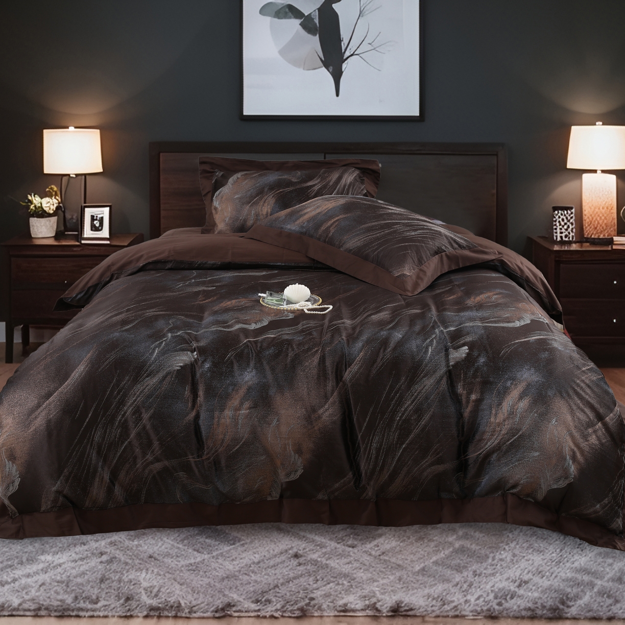 91家纺网 家纺一手货源 找家纺 源舜家纺 2025新款新疆长绒棉色织大提花高精密金丝面料四件套 漫漫星河黑蓝