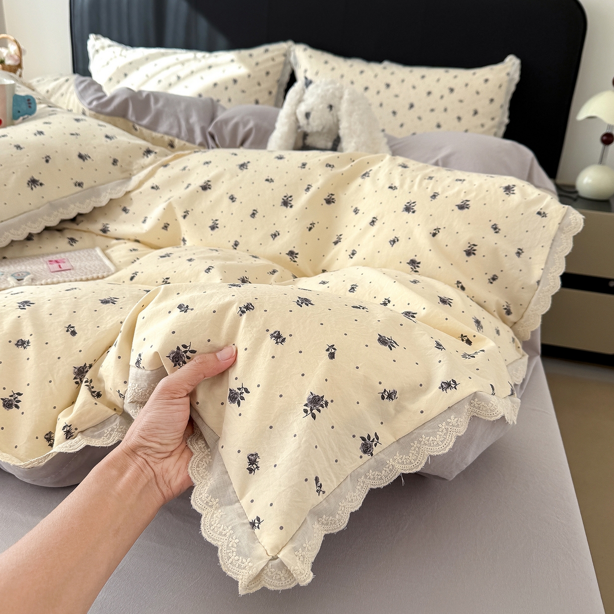 91家纺网 家纺一手货源 找家纺 （总）竹合 2026新款田园韩版花边款小碎花古法水洗仿棉A类云感棉四件套