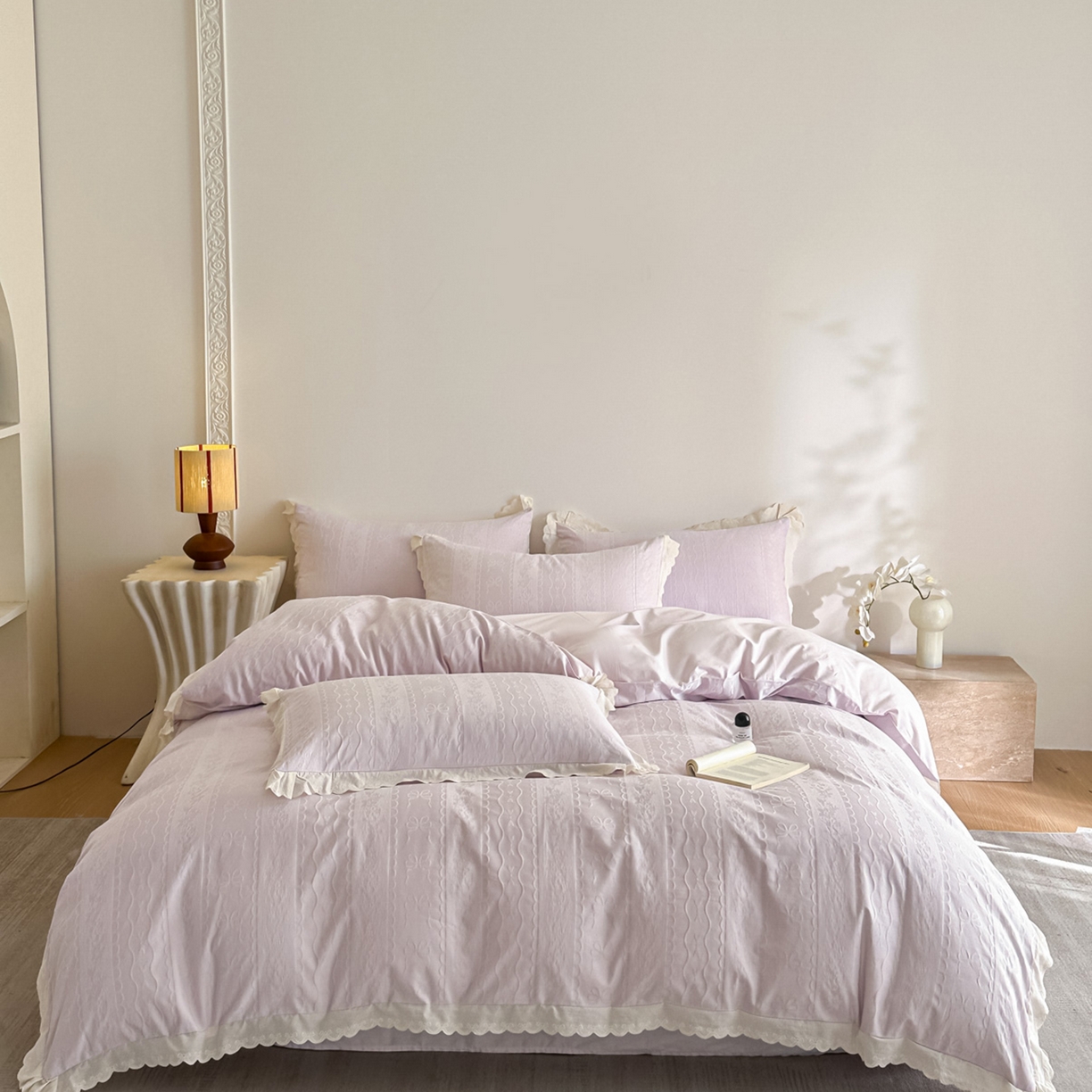 91家纺网 家纺一手货源 找家纺 禾时 2026新款长绒棉立体提花花边款四件套-星糖物语 星糖物语-浅紫