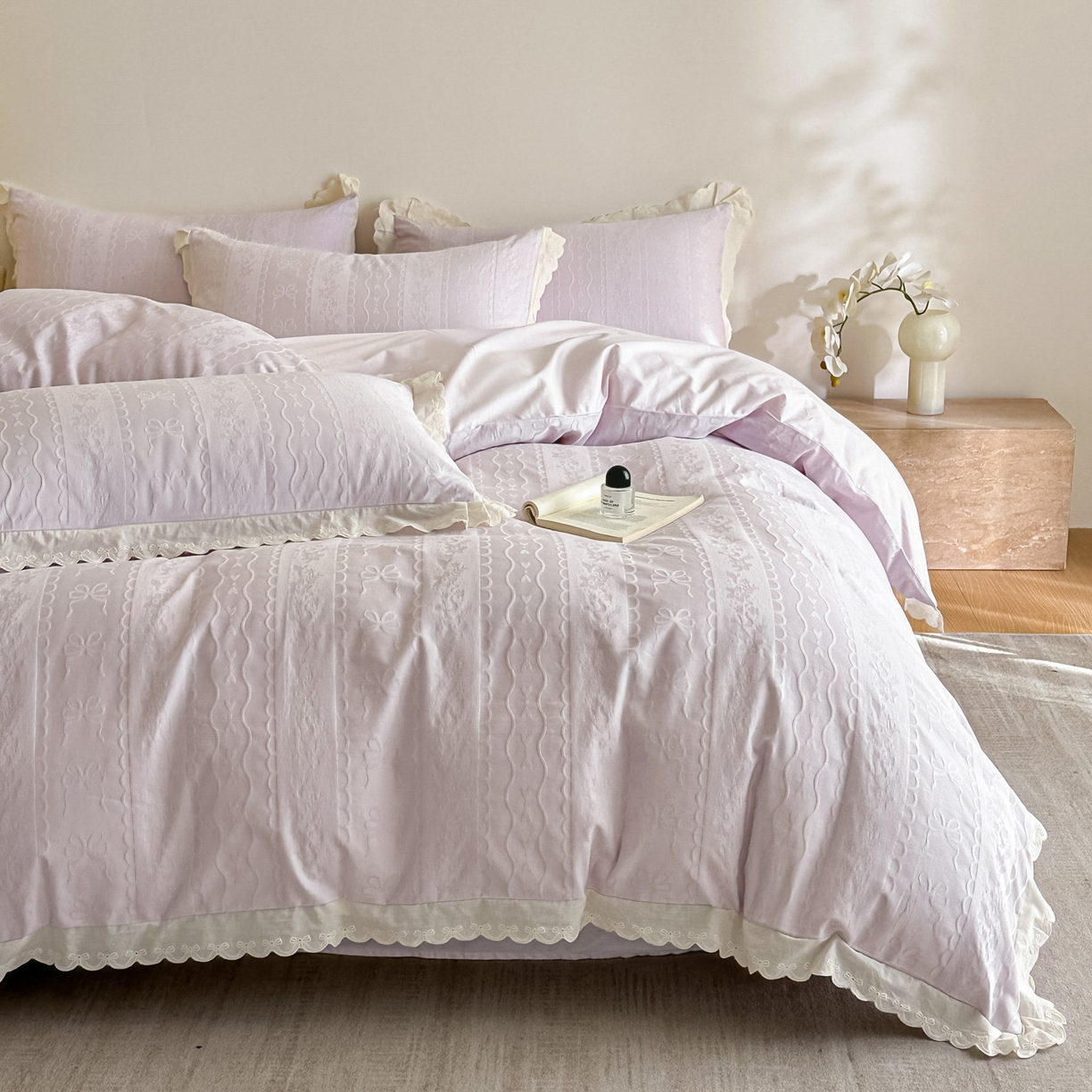 91家纺网 家纺一手货源 找家纺 禾时 2026新款长绒棉立体提花花边款四件套-星糖物语 星糖物语-浅紫
