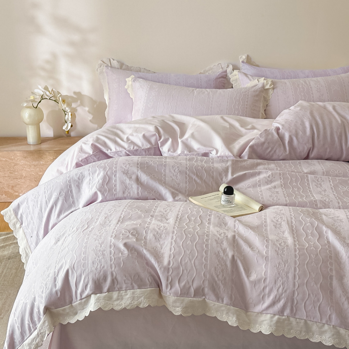 91家纺网 家纺一手货源 找家纺 禾时 2026新款长绒棉立体提花花边款四件套-星糖物语 星糖物语-浅紫