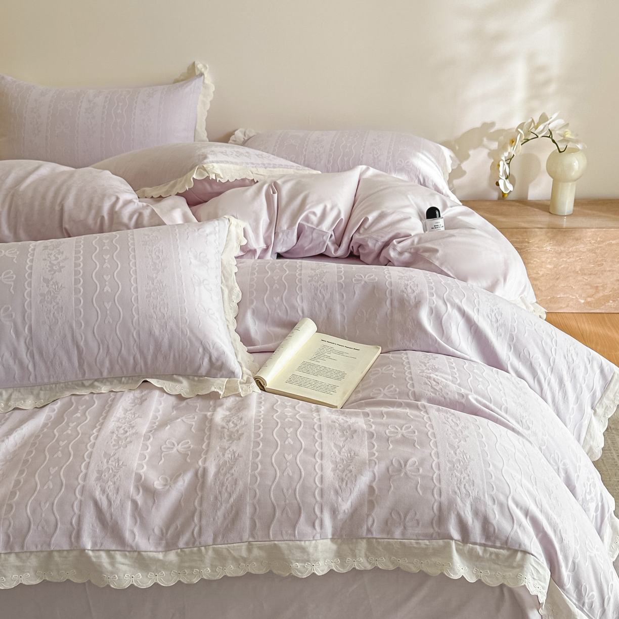 91家纺网 家纺一手货源 找家纺 禾时 2026新款长绒棉立体提花花边款四件套-星糖物语 星糖物语-浅紫