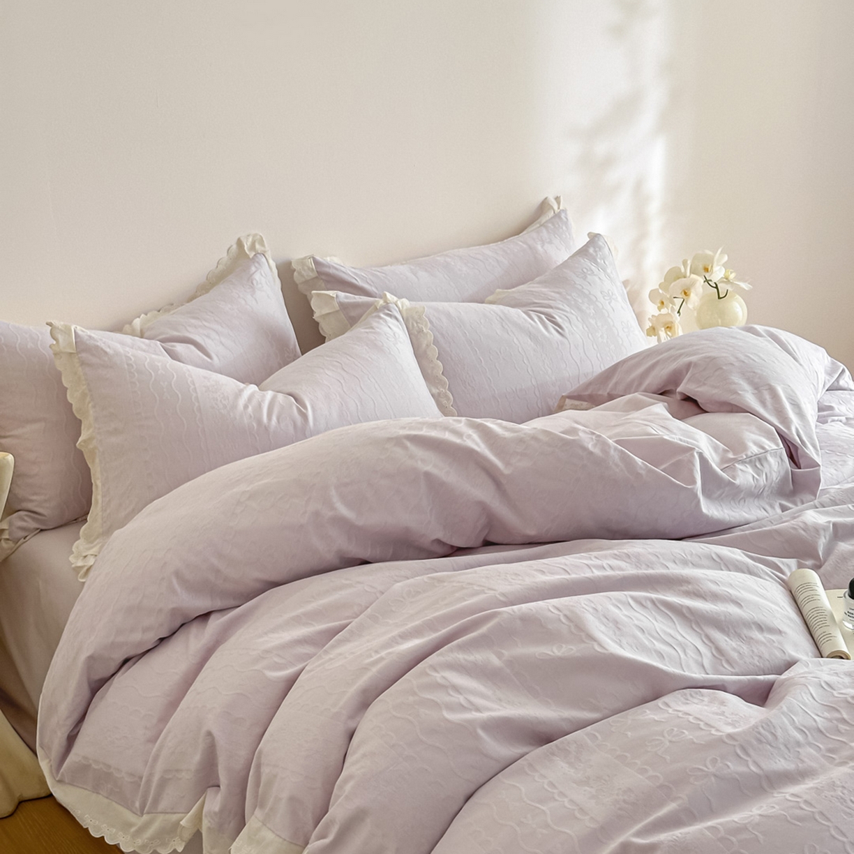 91家纺网 家纺一手货源 找家纺 禾时 2026新款长绒棉立体提花花边款四件套-星糖物语 星糖物语-浅紫