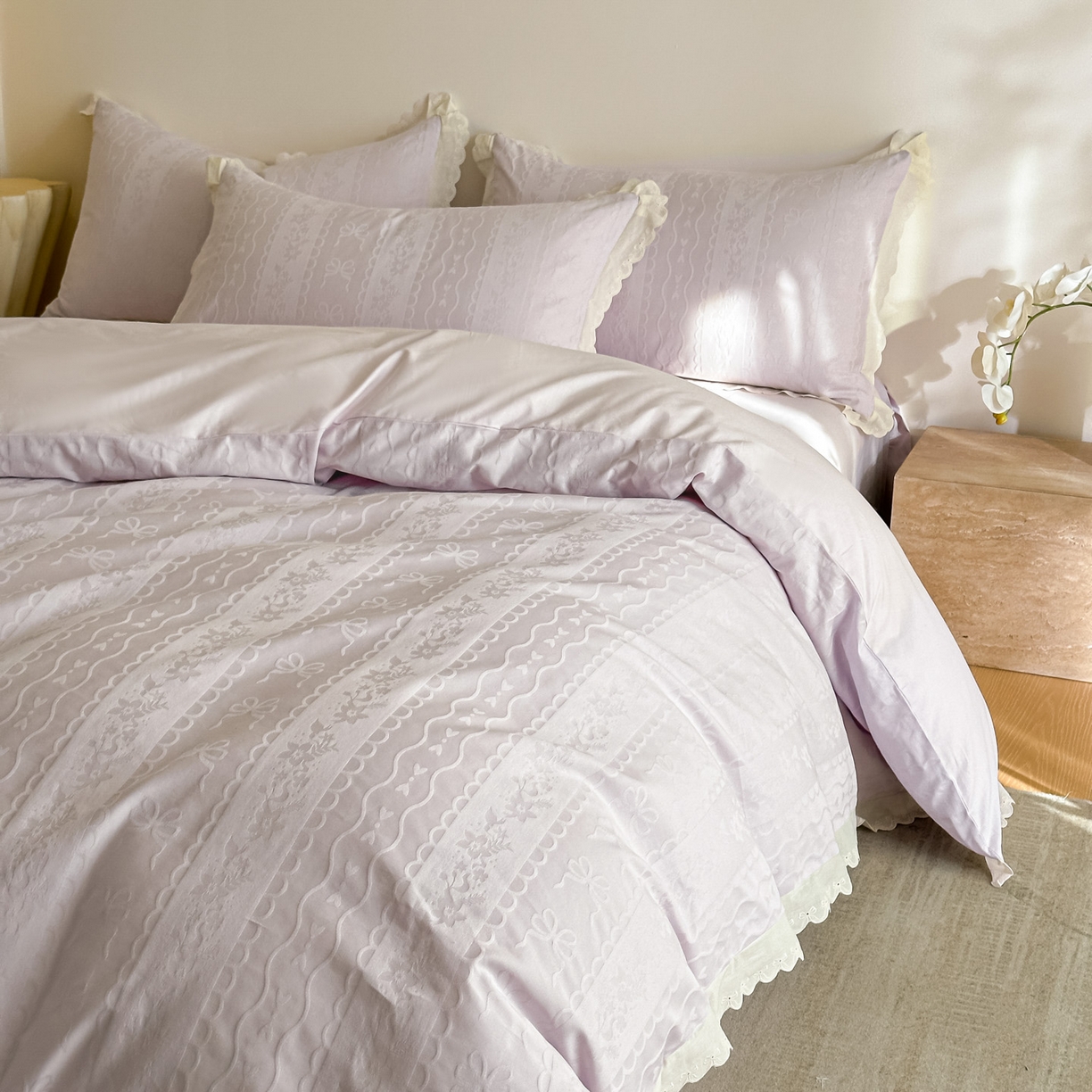 91家纺网 家纺一手货源 找家纺 禾时 2026新款长绒棉立体提花花边款四件套-星糖物语 星糖物语-浅紫
