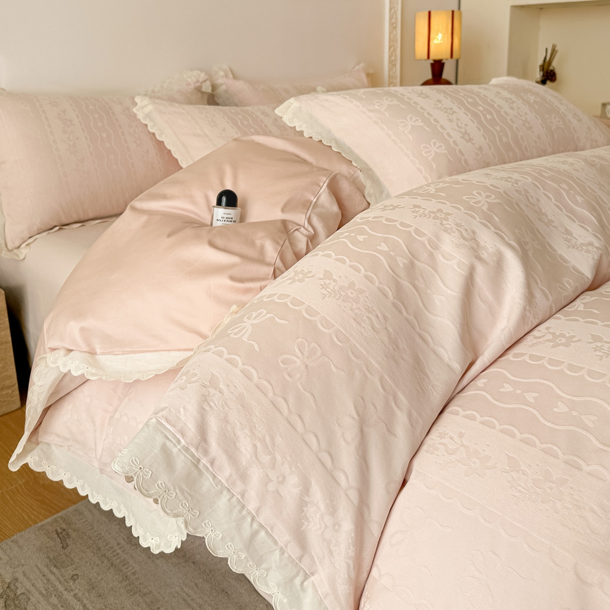 禾时 2026新款长绒棉立体提花花边款四件套-星糖物语 星糖物语-淡粉