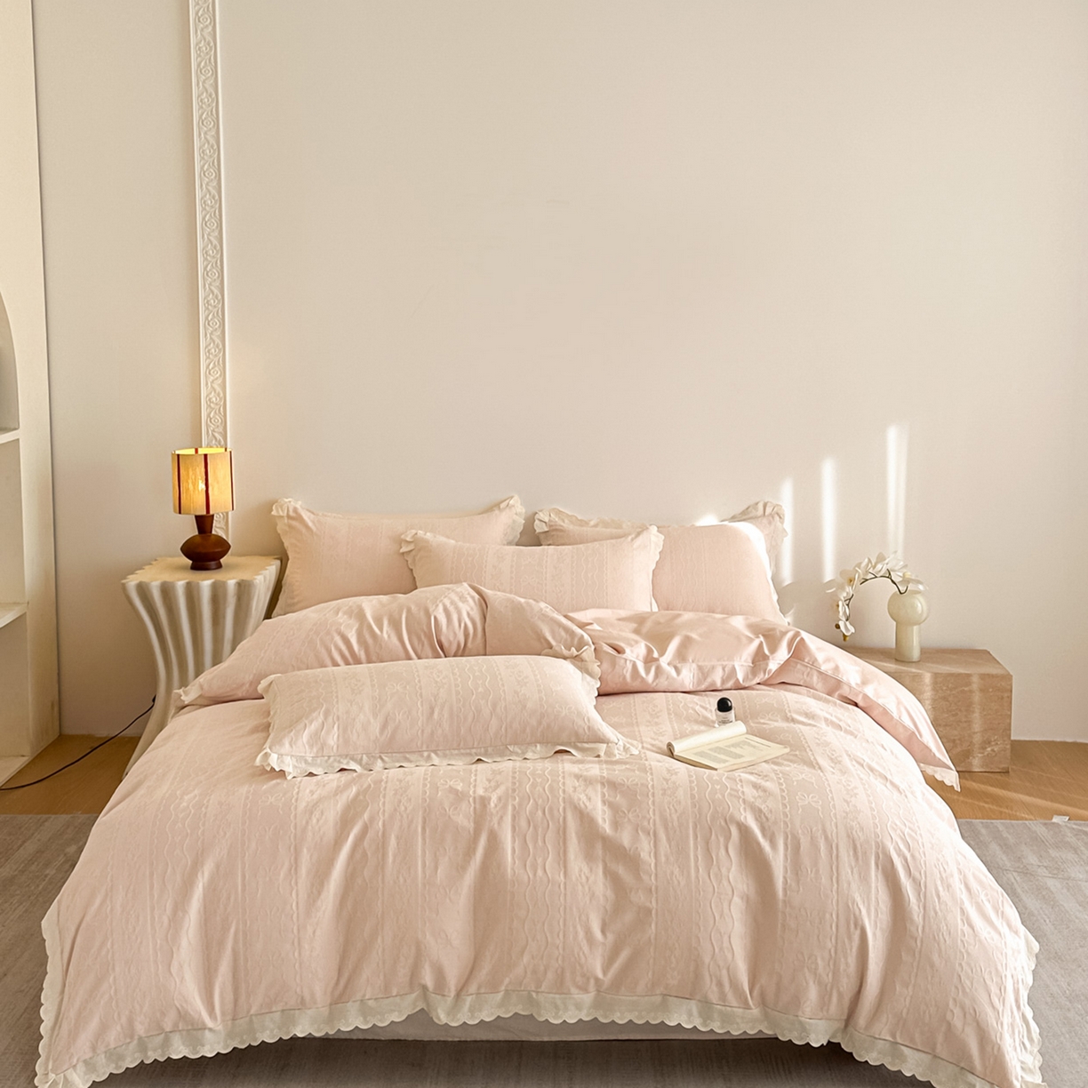 91家纺网 家纺一手货源 找家纺 禾时 2026新款长绒棉立体提花花边款四件套-星糖物语 星糖物语-淡粉