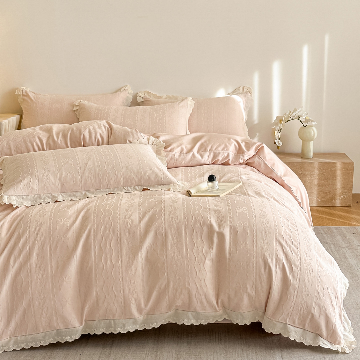 91家纺网 家纺一手货源 找家纺 禾时 2026新款长绒棉立体提花花边款四件套-星糖物语 星糖物语-淡粉