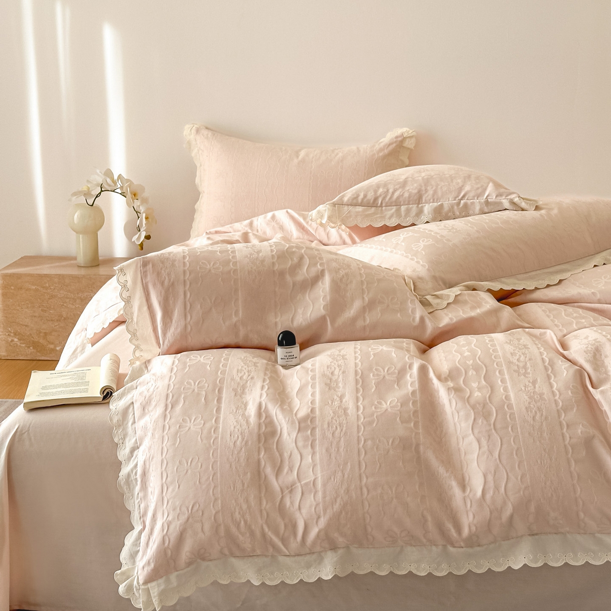 91家纺网 家纺一手货源 找家纺 禾时 2026新款长绒棉立体提花花边款四件套-星糖物语 星糖物语-淡粉