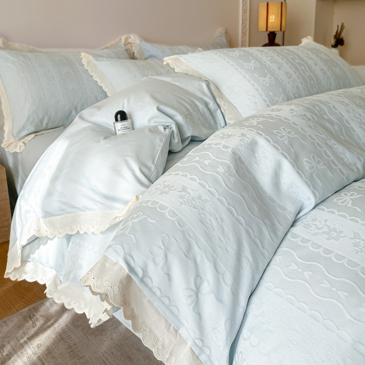 禾时 2026新款长绒棉立体提花花边款四件套-星糖物语 星糖物语-淡蓝