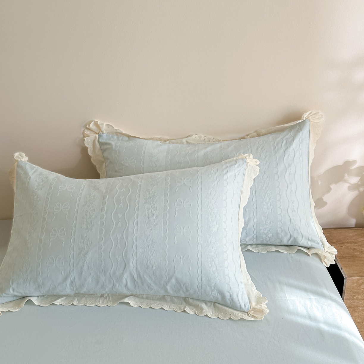 91家纺网 家纺一手货源 找家纺 禾时 2026新款长绒棉立体提花花边款四件套-星糖物语 星糖物语-淡蓝