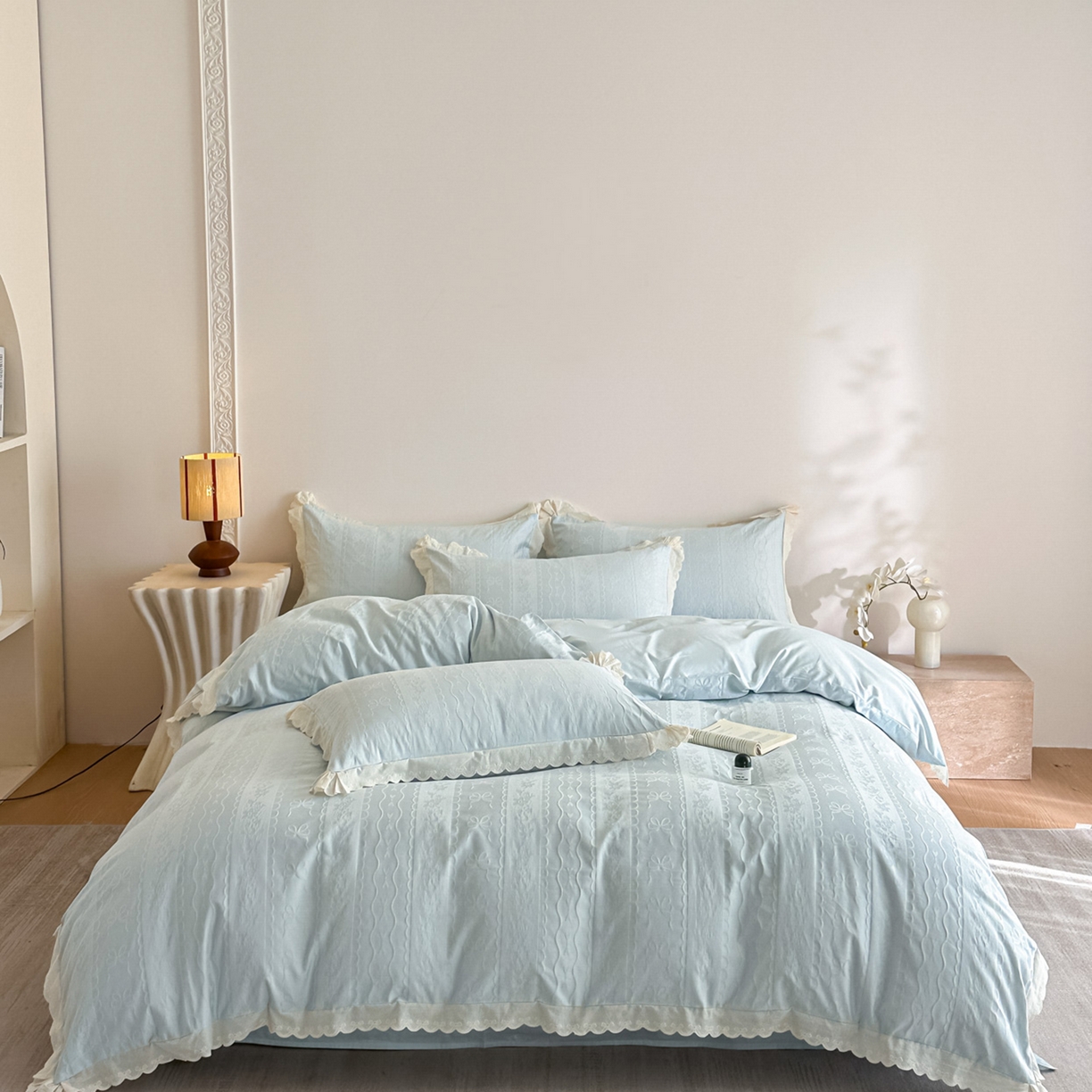 91家纺网 家纺一手货源 找家纺 禾时 2026新款长绒棉立体提花花边款四件套-星糖物语 星糖物语-淡蓝