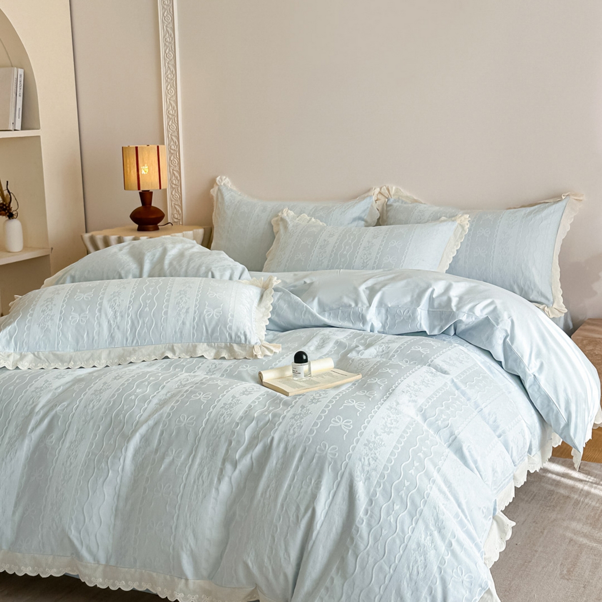 91家纺网 家纺一手货源 找家纺 禾时 2026新款长绒棉立体提花花边款四件套-星糖物语 星糖物语-淡蓝