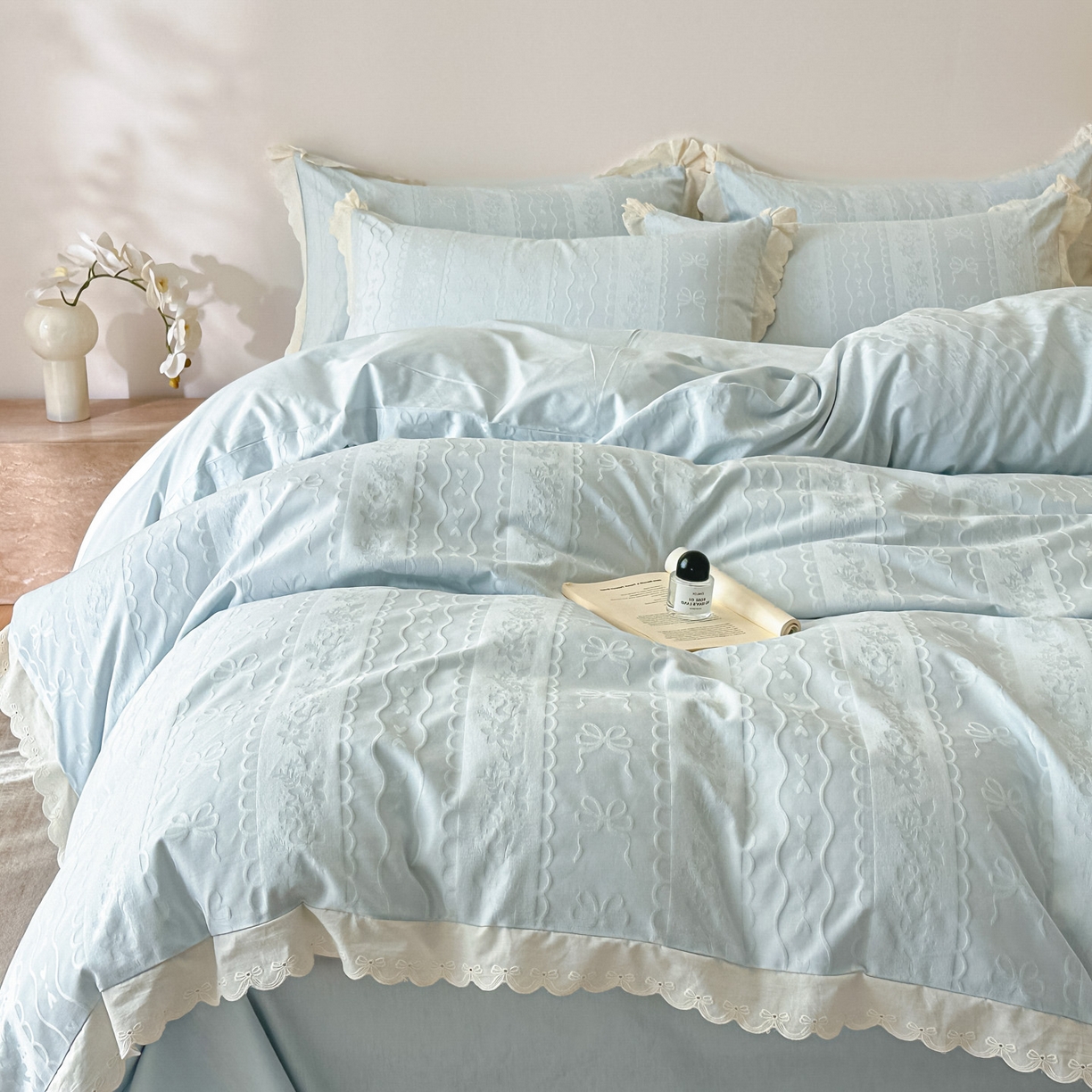 91家纺网 家纺一手货源 找家纺 禾时 2026新款长绒棉立体提花花边款四件套-星糖物语 星糖物语-淡蓝