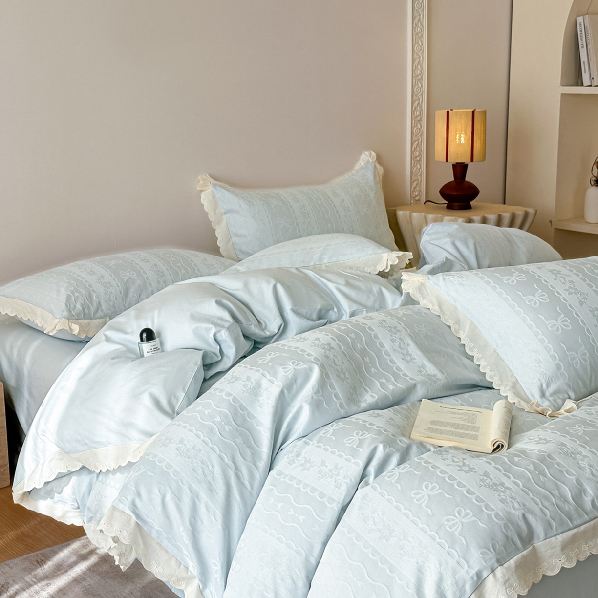 91家纺网 家纺一手货源 找家纺 禾时 2026新款长绒棉立体提花花边款四件套-星糖物语 星糖物语-淡蓝