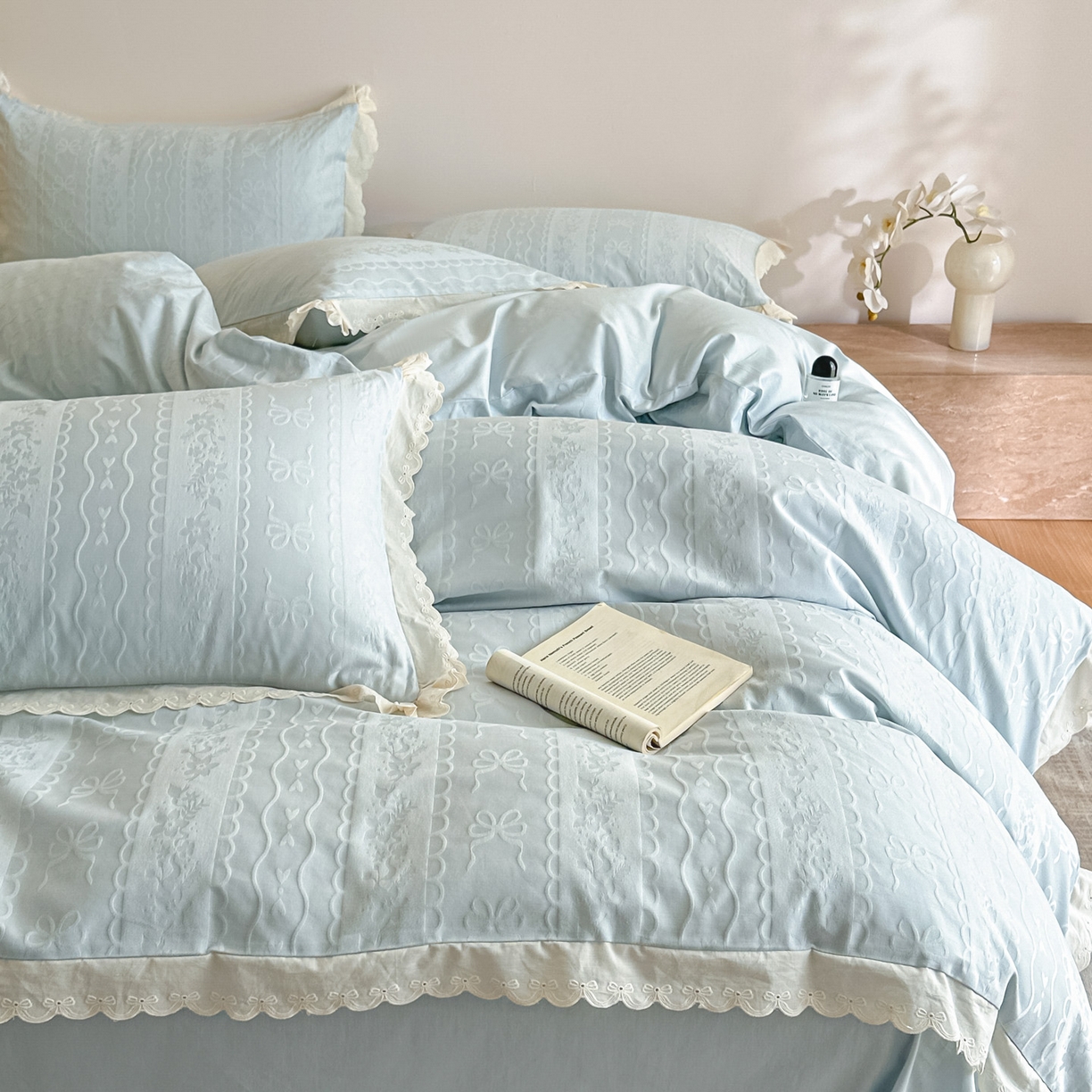 91家纺网 家纺一手货源 找家纺 禾时 2026新款长绒棉立体提花花边款四件套-星糖物语 星糖物语-淡蓝