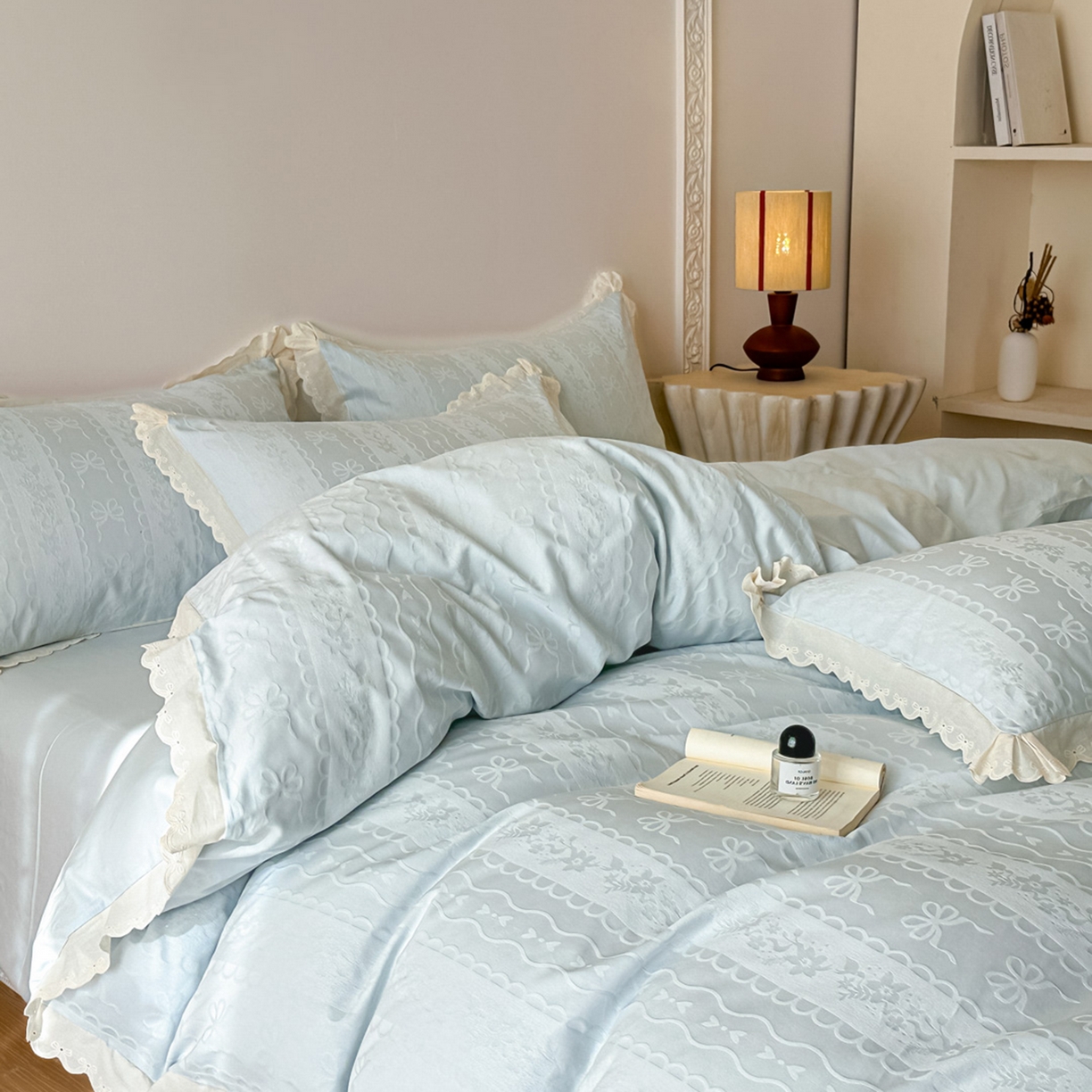 91家纺网 家纺一手货源 找家纺 禾时 2026新款长绒棉立体提花花边款四件套-星糖物语 星糖物语-淡蓝