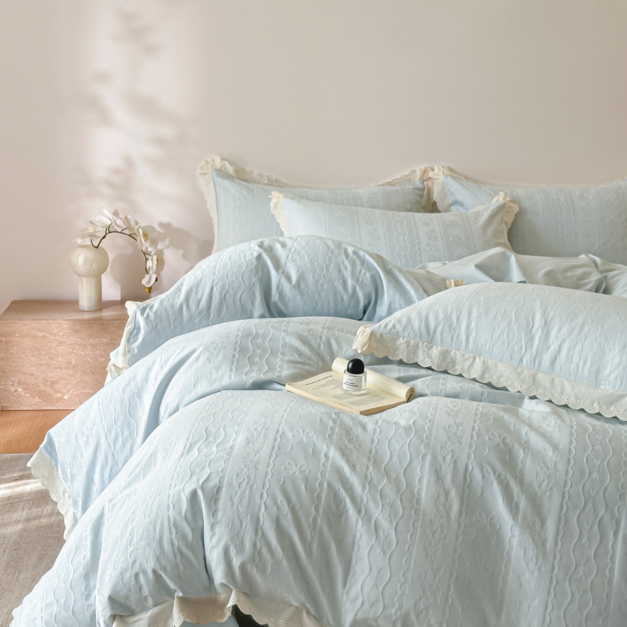 91家纺网 家纺一手货源 找家纺 禾时 2026新款长绒棉立体提花花边款四件套-星糖物语 星糖物语-淡蓝