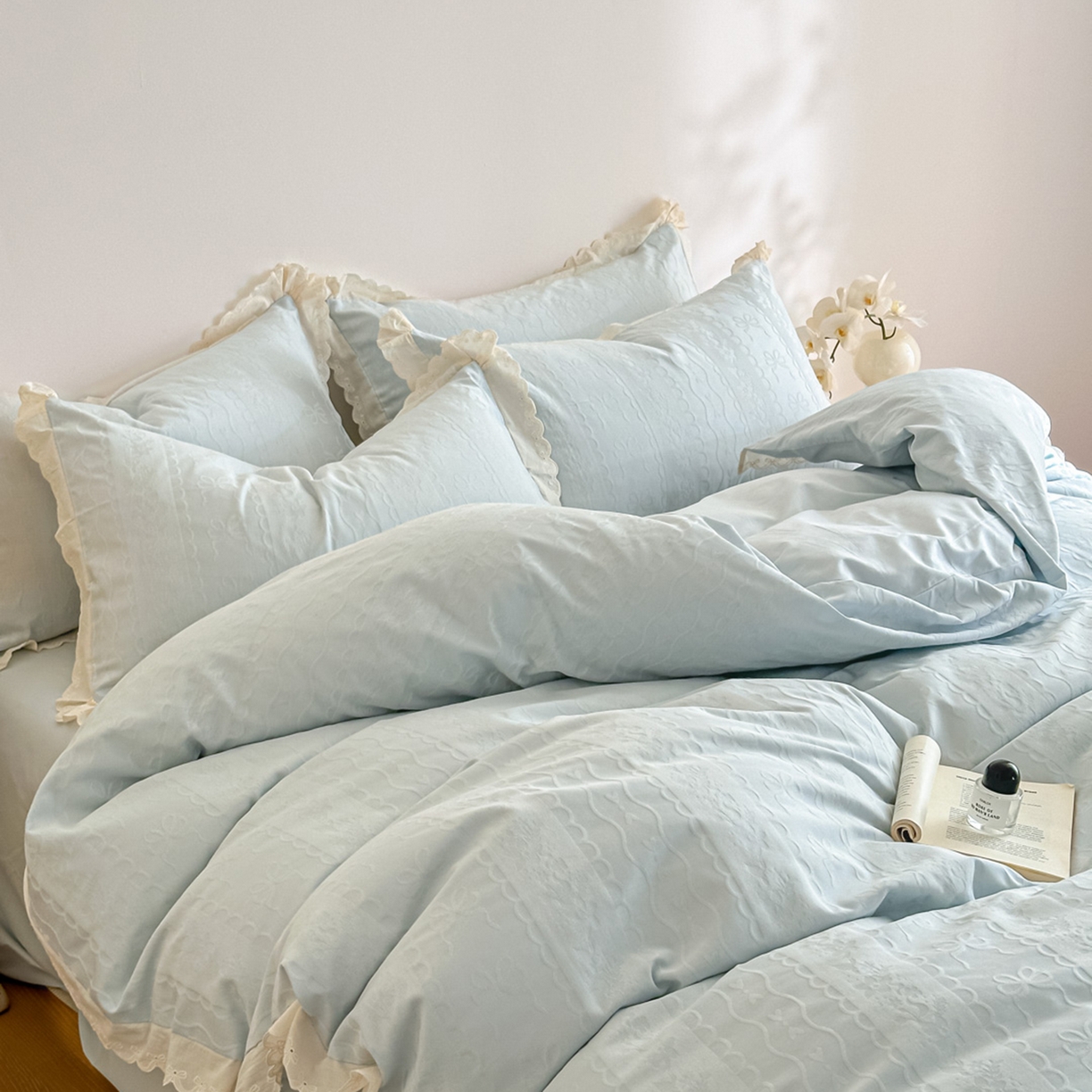91家纺网 家纺一手货源 找家纺 禾时 2026新款长绒棉立体提花花边款四件套-星糖物语 星糖物语-淡蓝