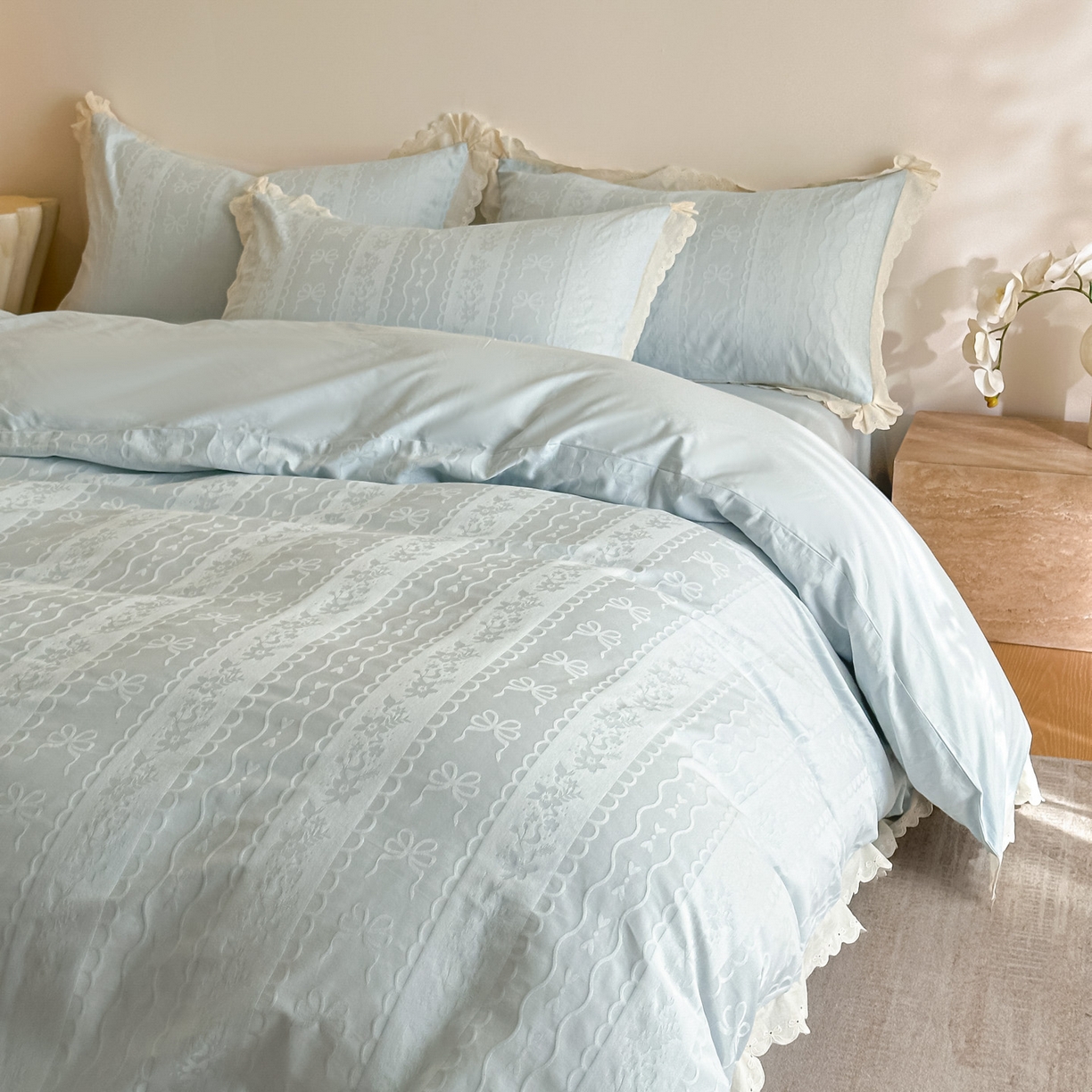 91家纺网 家纺一手货源 找家纺 禾时 2026新款长绒棉立体提花花边款四件套-星糖物语 星糖物语-淡蓝